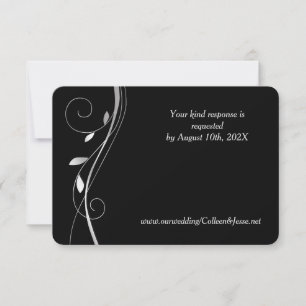 Carte RSVP de mariage noir élégant à feuille d'arg