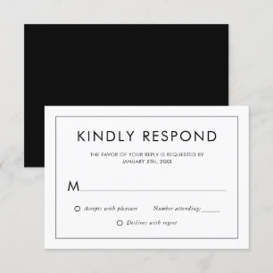 Carte RSVP de mariage noir et blanc moderne