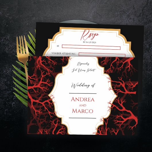 Carte RSVP de mariage noir et gothique rouge