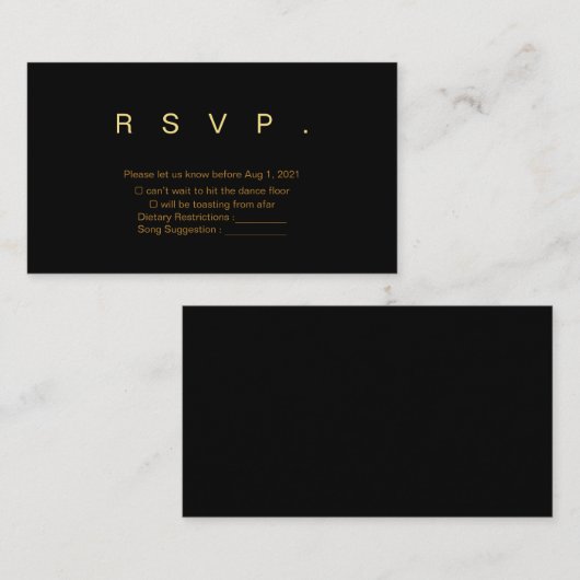 Carte RSVP de mariage noir et or (Devant / Derrière)