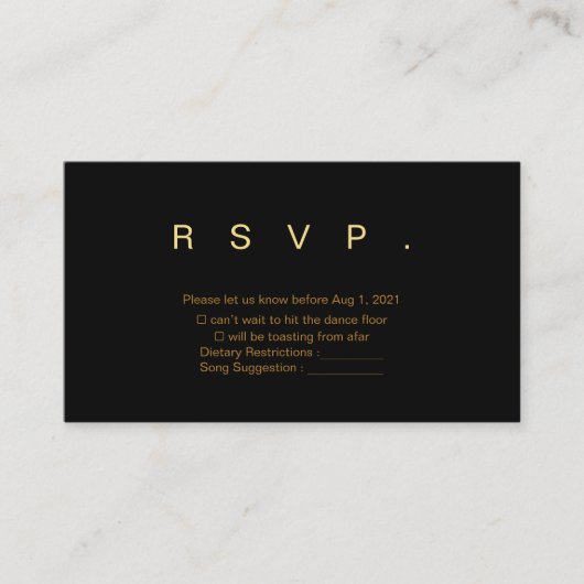 Carte RSVP de mariage noir et or (Devant)