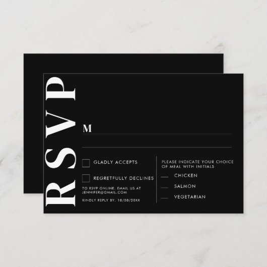 Carte RSVP de mariage noir minimum (Devant / Derrière)