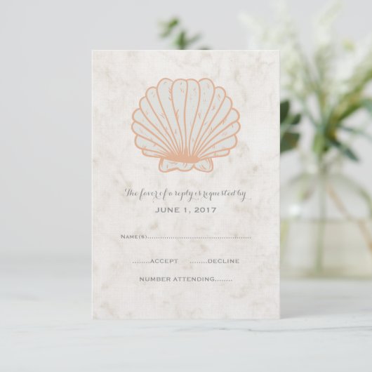 Carte RSVP de mariage Orange Rustic Seashell (Debout devant)