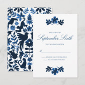Carte RSVP de mariage Otomi mexicaine - bleu marin (Devant / Derrière)