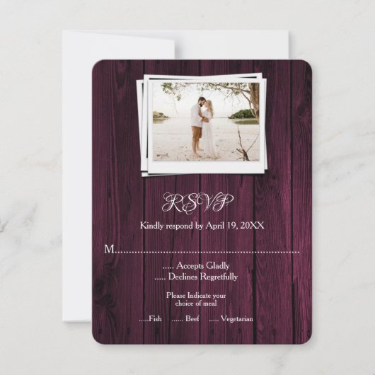 Carte RSVP de mariage photo Magenta en bois (Devant)