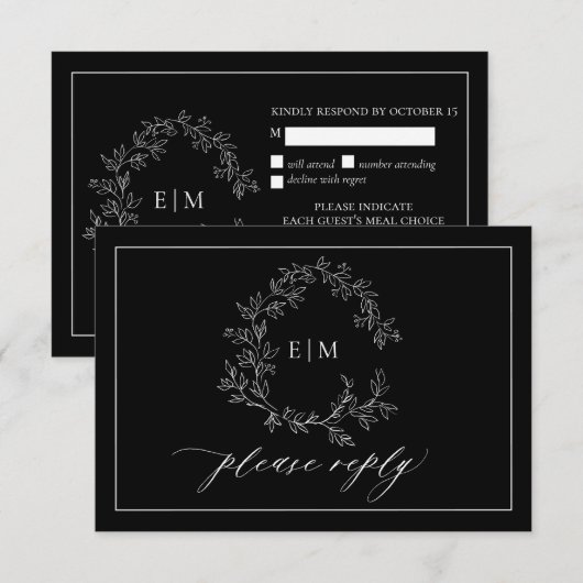 Carte RSVP de mariage pour monogramme blanc noir (Devant / Derrière)
