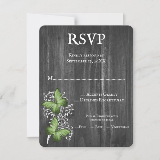 Carte RSVP de mariage pour papillon rustique vert (Devant)