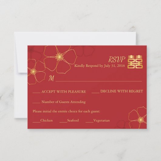 Carte RSVP de mariage Red & Gold Cherry Blossoms (Devant)
