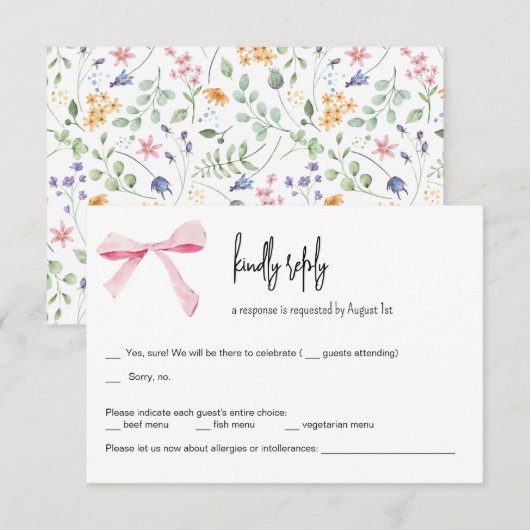 Carte RSVP de mariage rose Bow floral (Devant / Derrière)