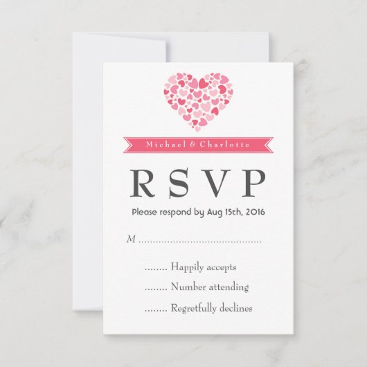 Carte RSVP de mariage rose et blanc de petit coeur (Devant)