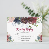 Carte RSVP de mariage rose floral de la marine de  (Debout devant)