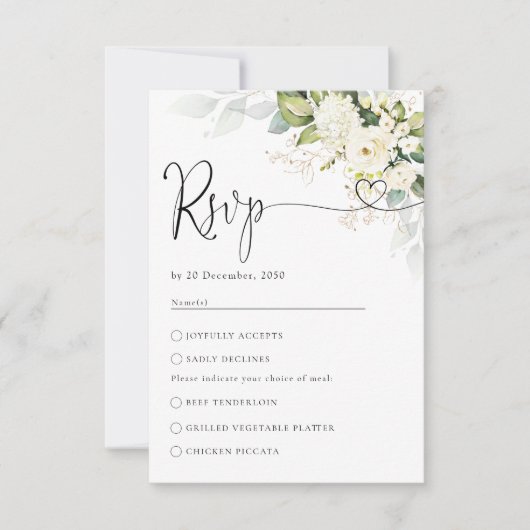 Carte RSVP de mariage Roses blanches vertes (Devant)
