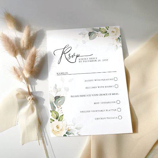 Carte RSVP de mariage Roses blanches vertes