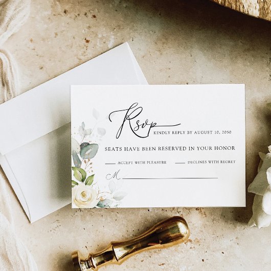 Carte RSVP de mariage Roses blanches vertes