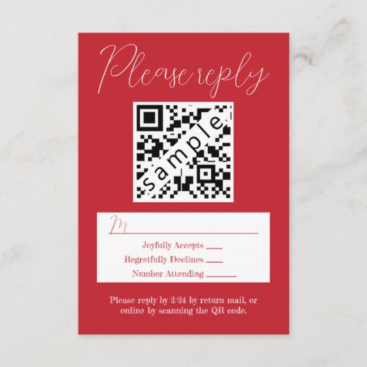 Carte RSVP de mariage rouge simple avec code QR (Devant)