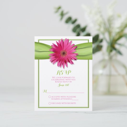Carte RSVP de mariage Ruban Vert Gerbera Daisy Ros (Debout devant)