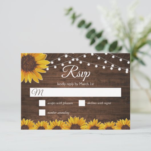 Carte RSVP de mariage Rustic Sunflower String (Debout devant)