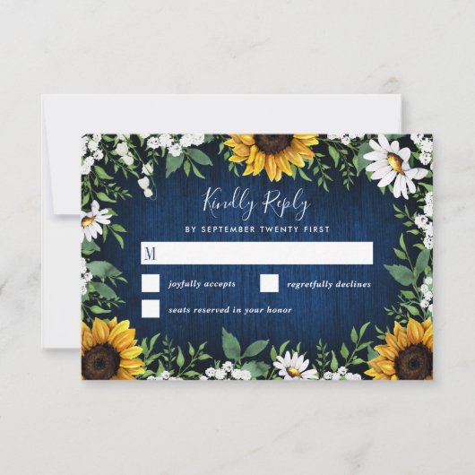 Carte RSVP de mariage rustique de tournesol bleu m (Devant)
