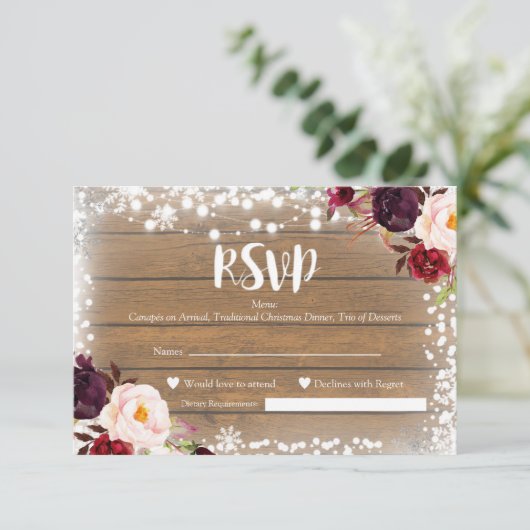 Carte RSVP de mariage rustique d'hiver (Debout devant)
