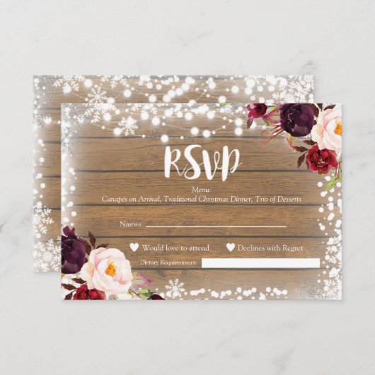 Carte RSVP de mariage rustique d'hiver (Devant / Derrière)