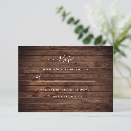 Carte RSVP de mariage rustique en bois (Debout devant)
