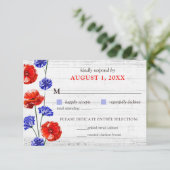 Carte RSVP de mariage rustique en bois de pavot ro (Debout devant)