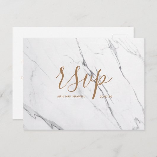 Carte Rsvp de mariage | Script de marbre blanc or (Devant / Derrière)