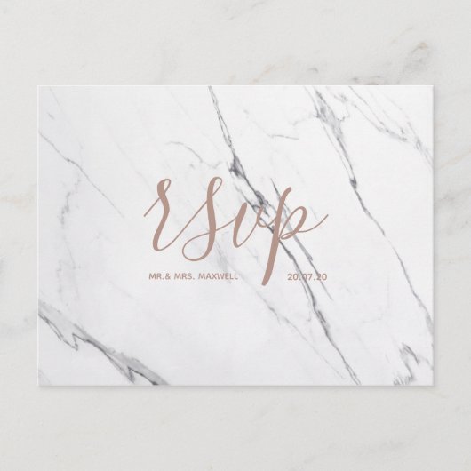 Carte Rsvp de mariage | Script de marbre blanc ros (Devant)