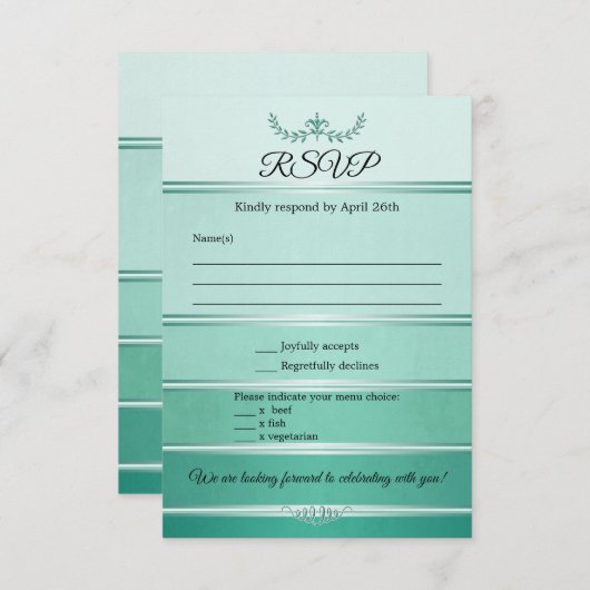 Carte RSVP de mariage ton rayé vert (Devant / Derrière)