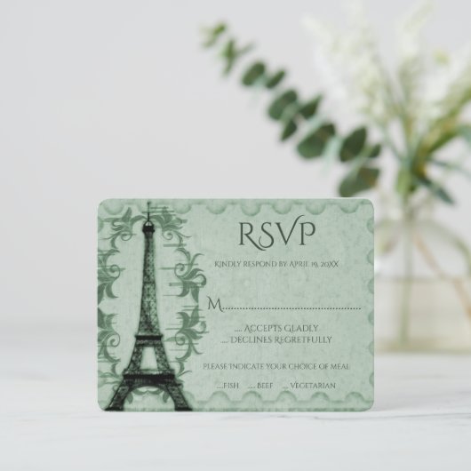 Carte RSVP de mariage Tour Eiffel verte (Debout devant)
