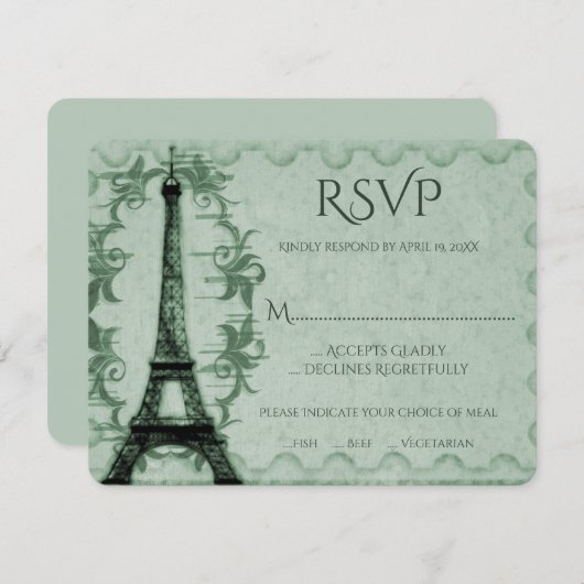 Carte RSVP de mariage Tour Eiffel verte (Devant / Derrière)