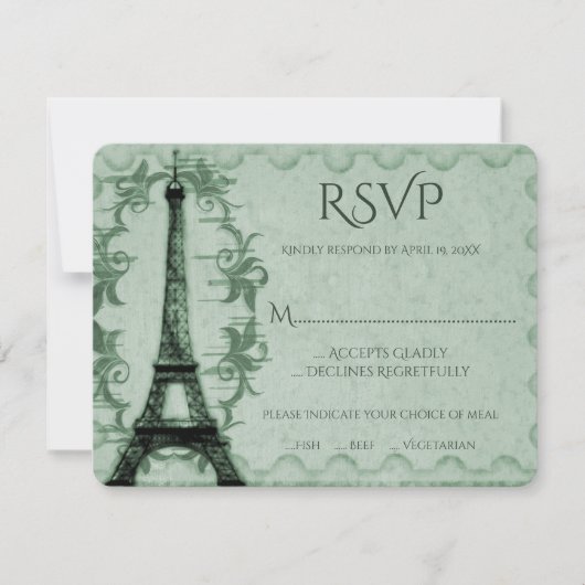 Carte RSVP de mariage Tour Eiffel verte (Devant)