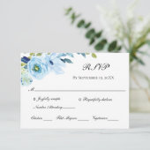 Carte RSVP de mariage traditionnel bleu vert flora (Debout devant)