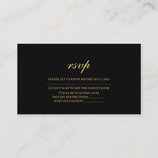 Carte RSVP de mariage traditionnel noir et or simp (Devant)