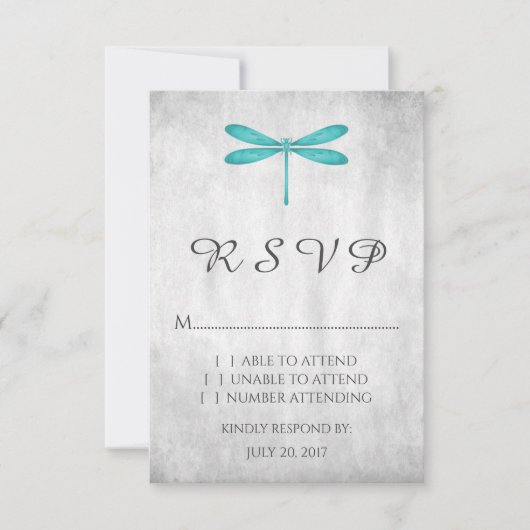 Carte RSVP de mariage turquoise de libellules (Devant)