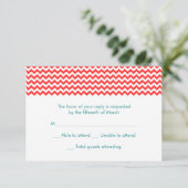 Carte RSVP de mariage Turquoise et Coral Chevron (Debout devant)