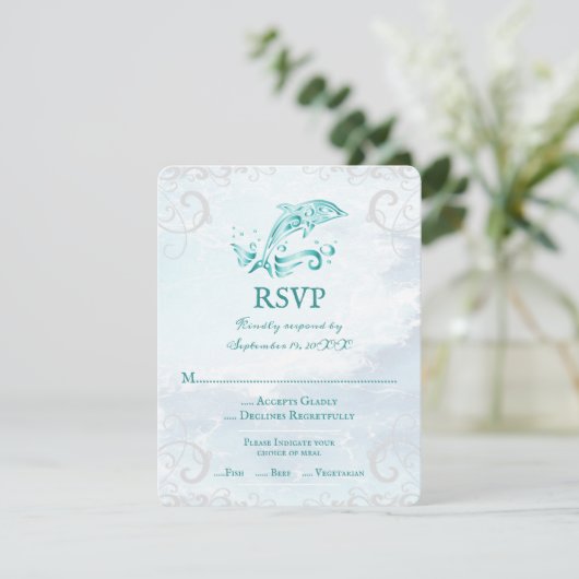 Carte RSVP de mariage turquoise pour dauphins (Debout devant)