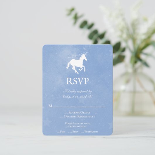 Carte RSVP de mariage Unicorne bleu (Debout devant)