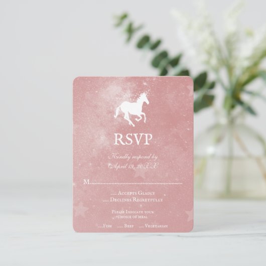 Carte RSVP de mariage Unicorne rose (Debout devant)