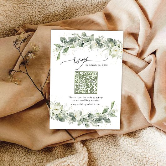 Carte RSVP de mariage vert Dusty Sage avec code QR