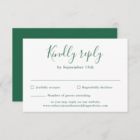 Carte RSVP de mariage vert émeraude minimale (Devant / Derrière)