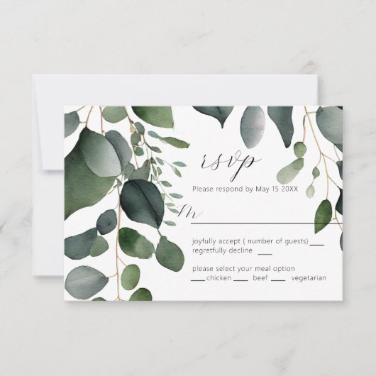 Carte RSVP de mariage verte et eucalyptus (Devant)