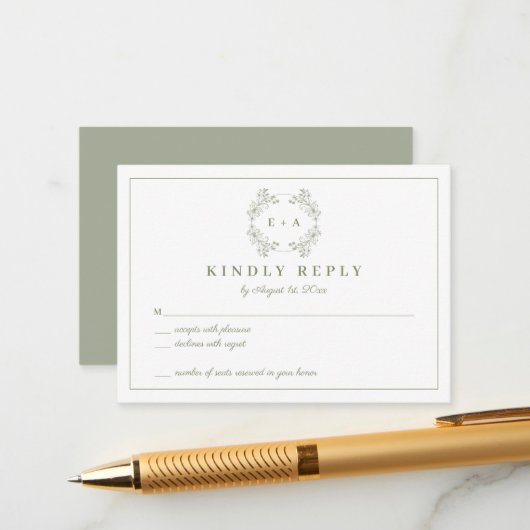 Carte RSVP de mariage vintage Sage Green Monogramm (Devant/Arrière en situation)