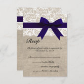 Carte RSVP de mariage White Lace NavyRibbon et Bur (Devant / Derrière)