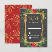 Carte RSVP de Noël Gris Rouge Or Poinsettias (Devant / Derrière)