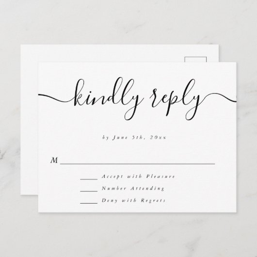 Carte RSVP de réponse Mariage simple de script (Devant / Derrière)