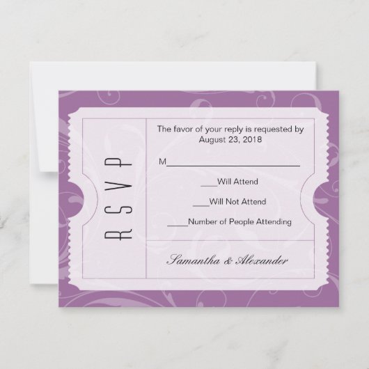 Carte RSVP de ticket Mariage violet (Devant)