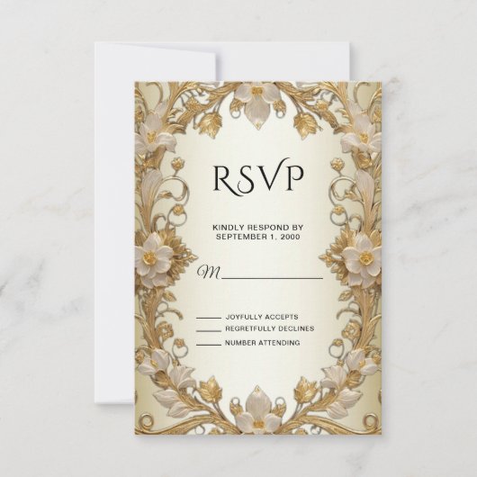 Carte RSVP décorative or Fleurs blanches (Devant)