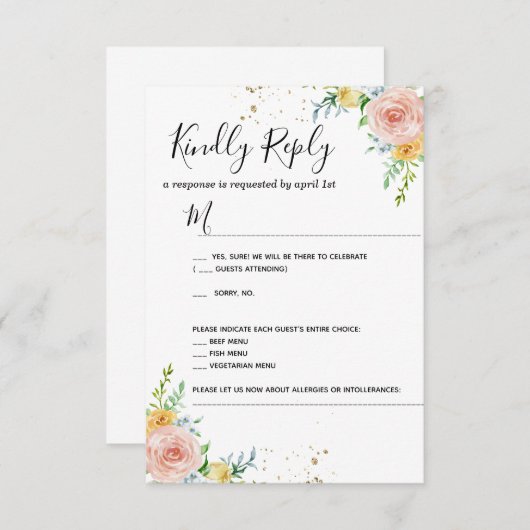 Carte RSVP d'invitation de mariage floral or crépu (Devant / Derrière)