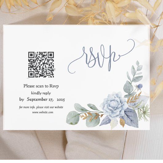 Carte RSVP Dusty Blue Floral QR Code